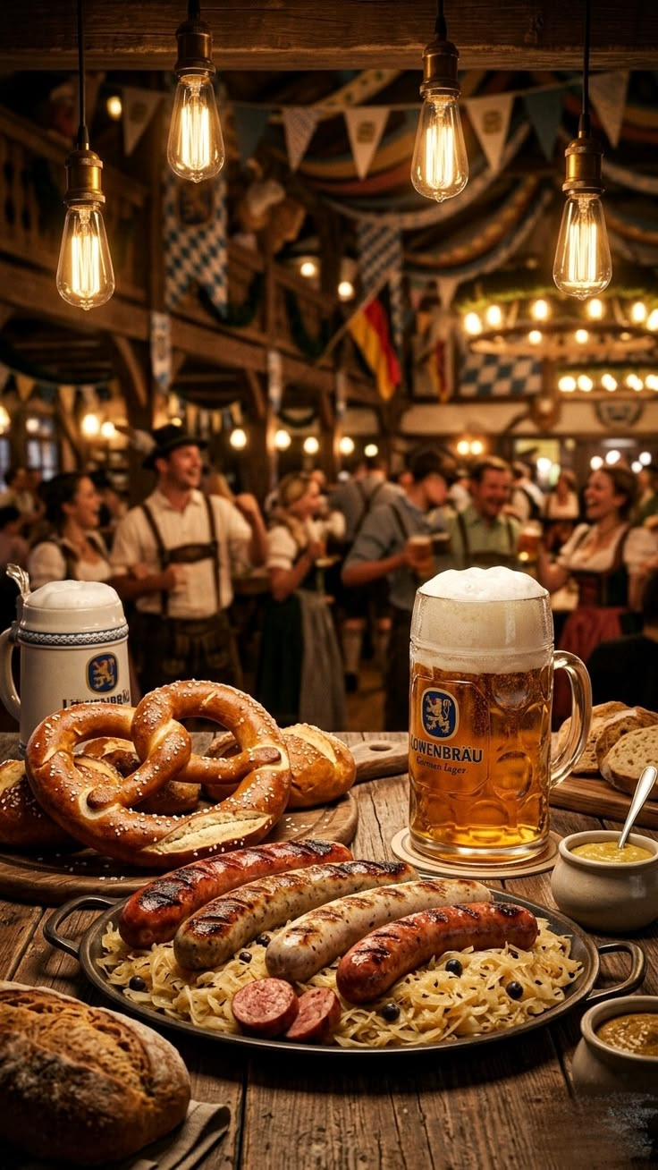 A classic Bavarian table: pretzels, weisswurst, sauerkraut and steins of wheat beer in a traditional beer garden