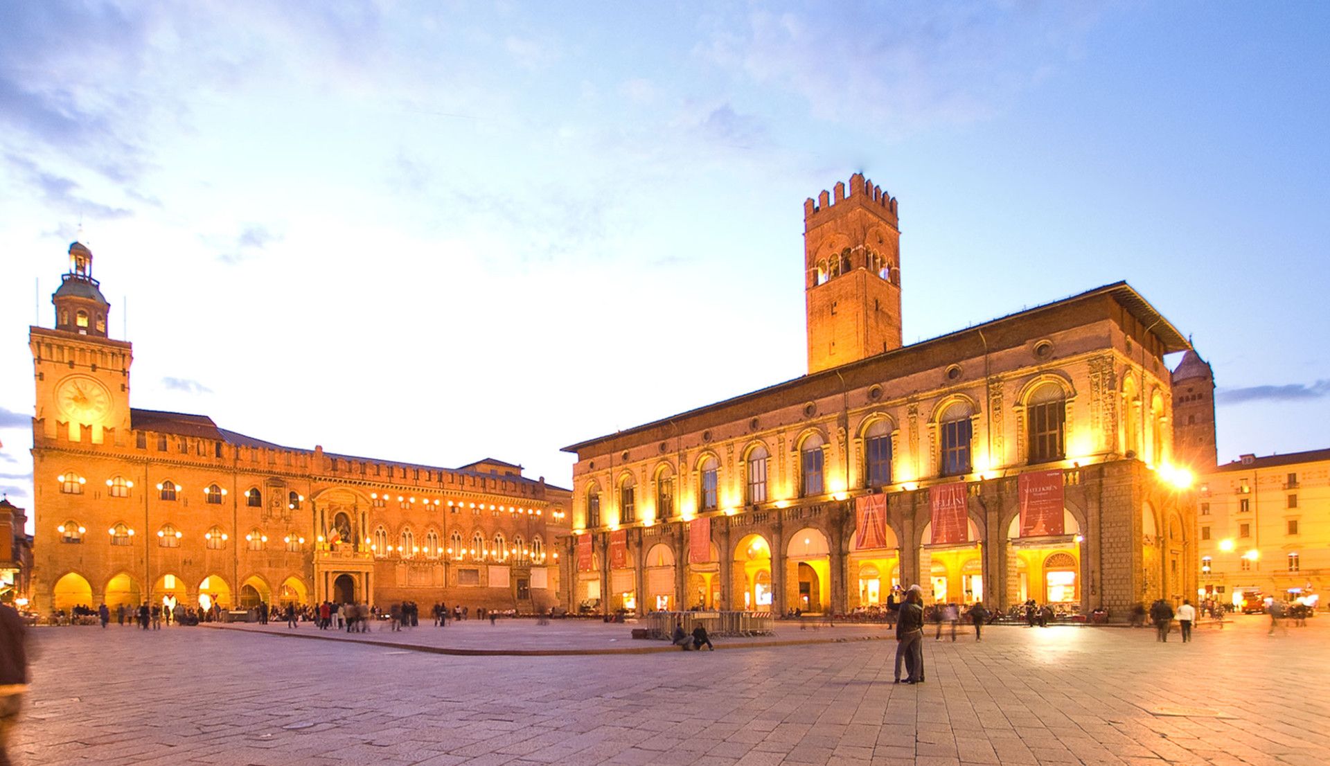 Bologna: the medieval city centre with its famous porticoes, terracotta rooftops and the towers of the Asinelli and Garisenda