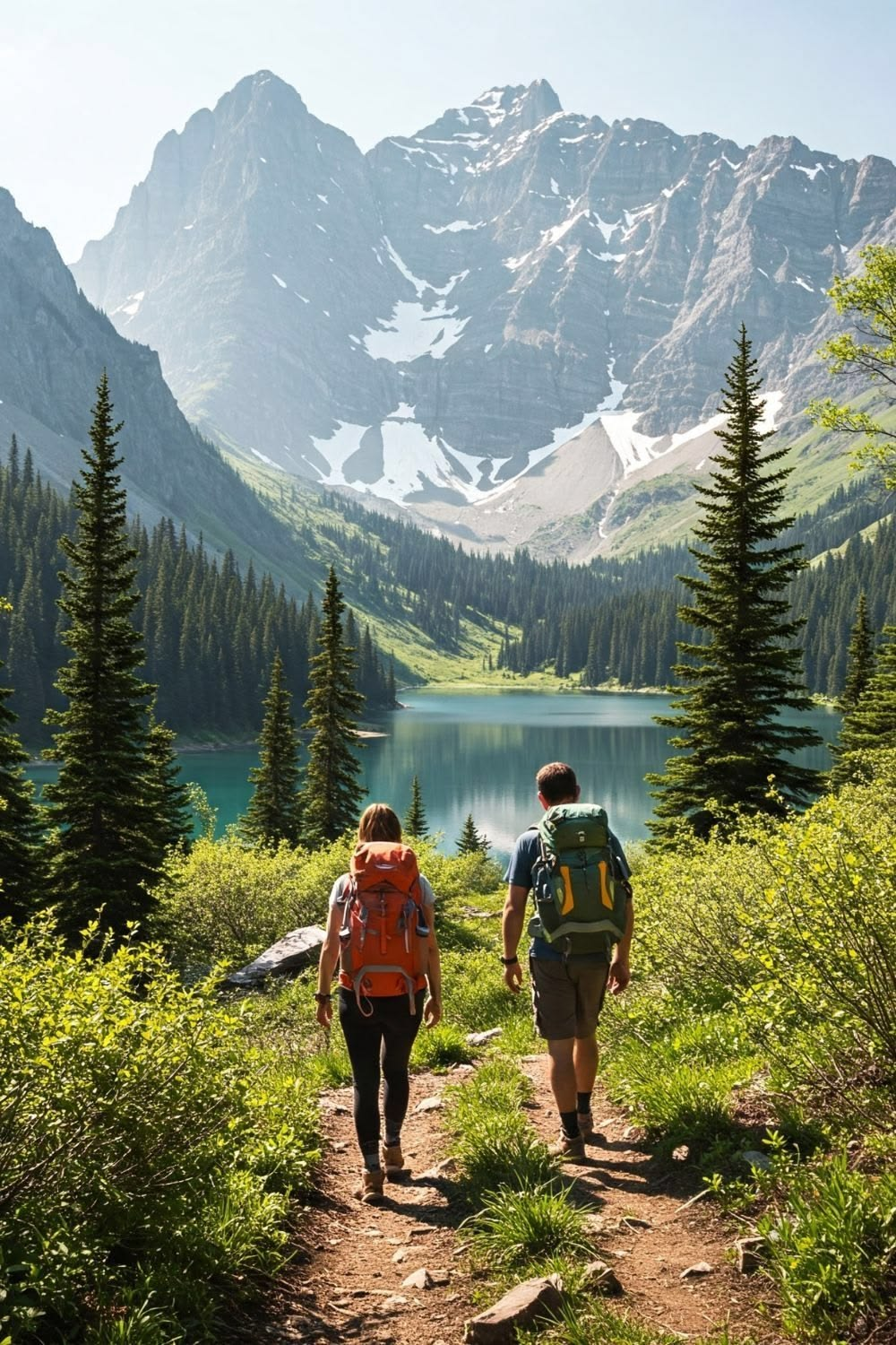 Hiking in the Austrian Alps: a mountain trail through alpine meadows with dramatic snow-capped peaks in the background