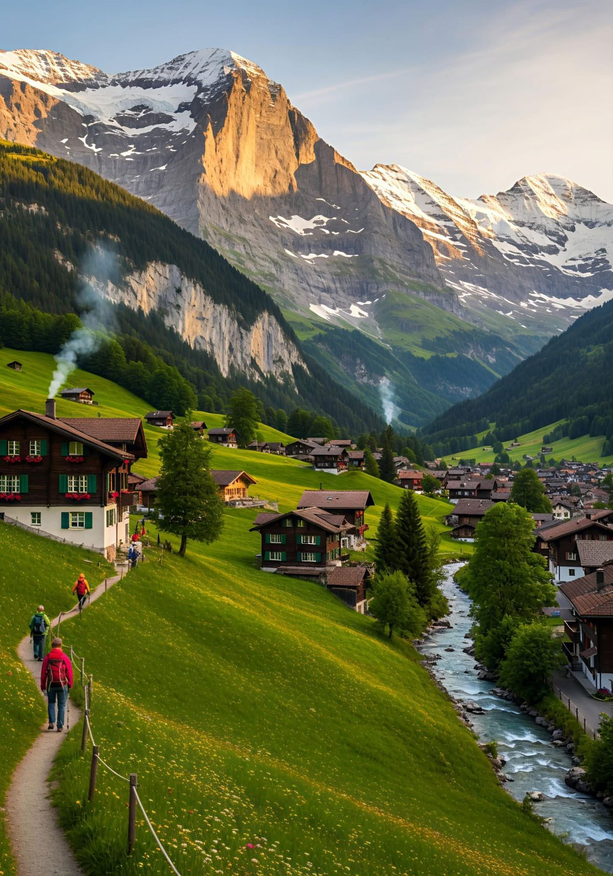 Hiking in the Austrian Alps: a mountain trail through alpine meadows with snow-capped peaks in the background