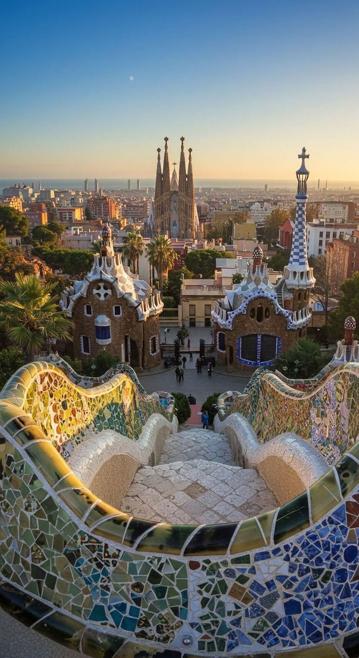 Park Guell in Barcelona: Gaudi\'s extraordinary garden park on the hill above the city, with the famous mosaic terrace and city views