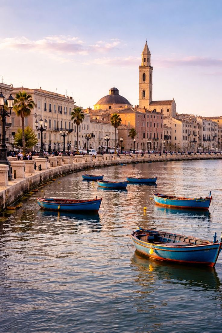 The seafront of Bari with the Basilica of San Nicola and the Swabian Castle overlooking the Adriatic Sea