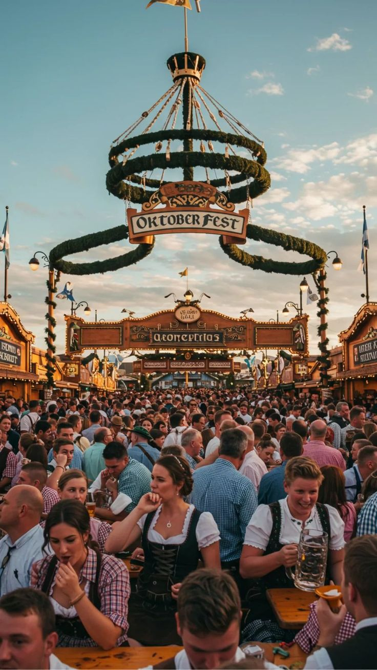 The Oktoberfest tents on the Theresienwiese in Munich, lit up at dusk with the city skyline and the Bavaria statue in the background