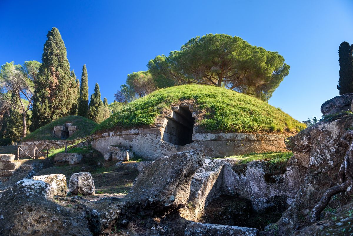 The Etruscan necropolis of Cerveteri, with tumulus tombs carved from volcanic tufa