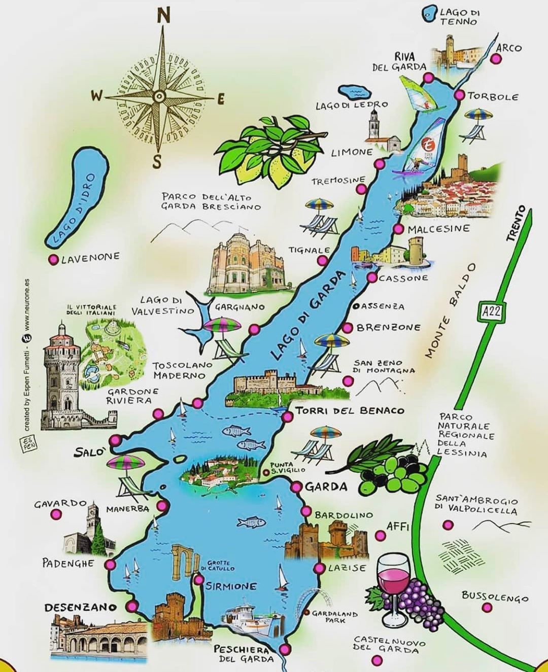 The magnificent panorama of Lake Garda, Italy's largest lake, with the crystal-clear water, the medieval villages on the shore and the dramatic Alpine peaks rising from the northern tip