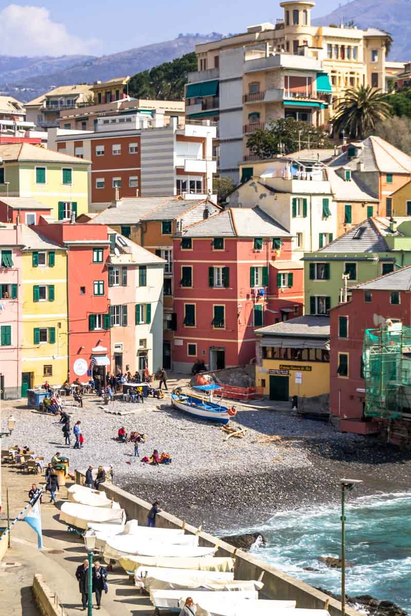 The colourful fishing village of Boccadasse in Genoa, with its pebble beach and pastel houses