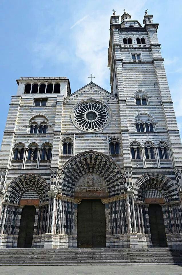 The striped Romanesque Gothic facade of the Cathedral of San Lorenzo in Genoa