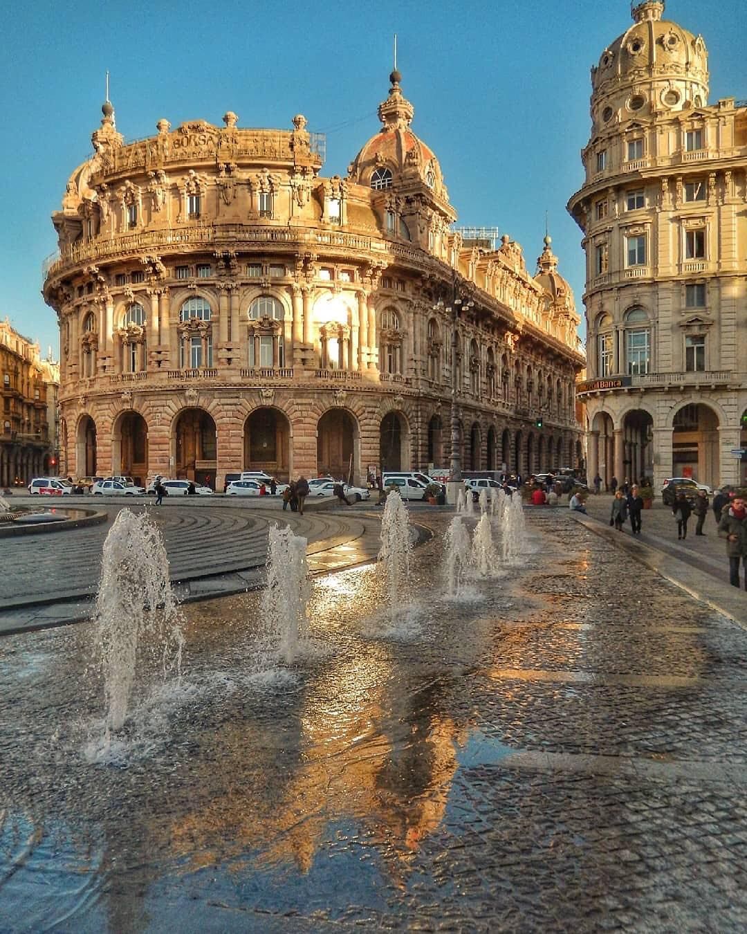 Piazza De Ferrari in Genoa, the monumental heart of the modern city with its bronze fountain
