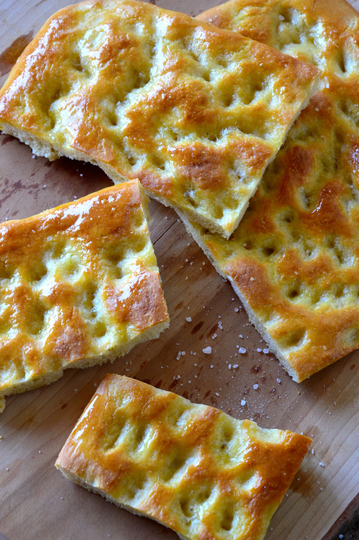 Traditional Ligurian focaccia, soft, oily and salty, freshly baked in a wood fired oven