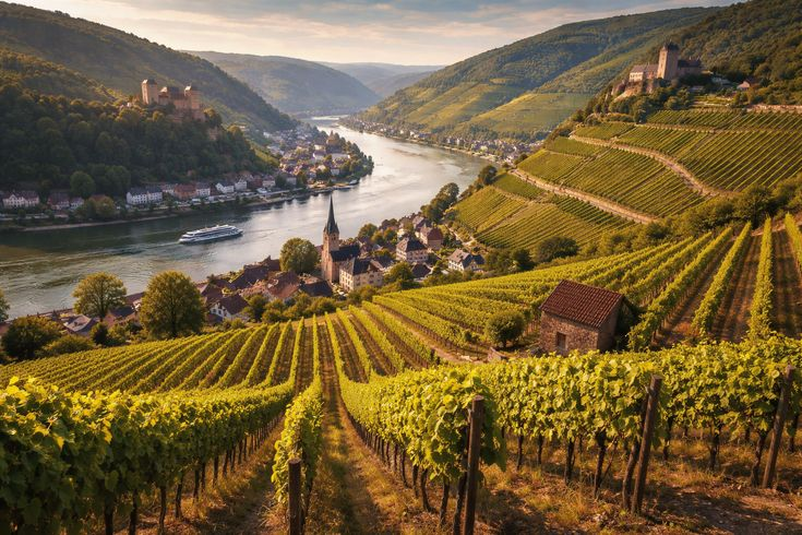 The terraced Riesling vineyards of the Rheingau on the northern bank of the Rhine, producing some of Germany's greatest white wines