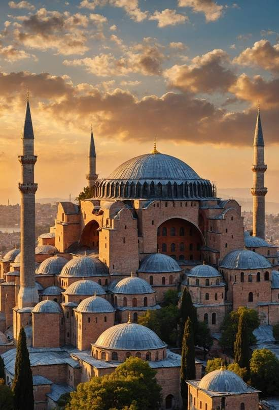 The magnificent Blue Mosque in Istanbul with its six minarets and cascading domes at sunset