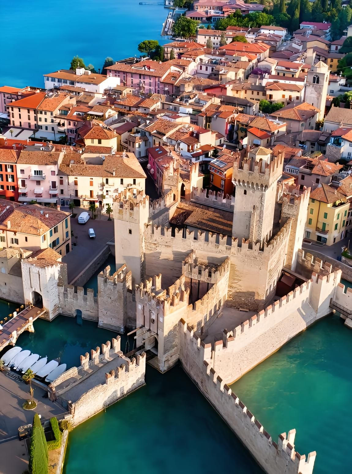 The Scaliger Castle in Sirmione reflected in the calm autumn waters of Lake Garda.