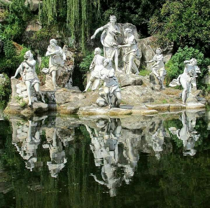 The stunning Fountain of Diana and Actaeon in the gardens of the Royal Palace of Caserta, depicting the myth from Ovid's Metamorphoses.