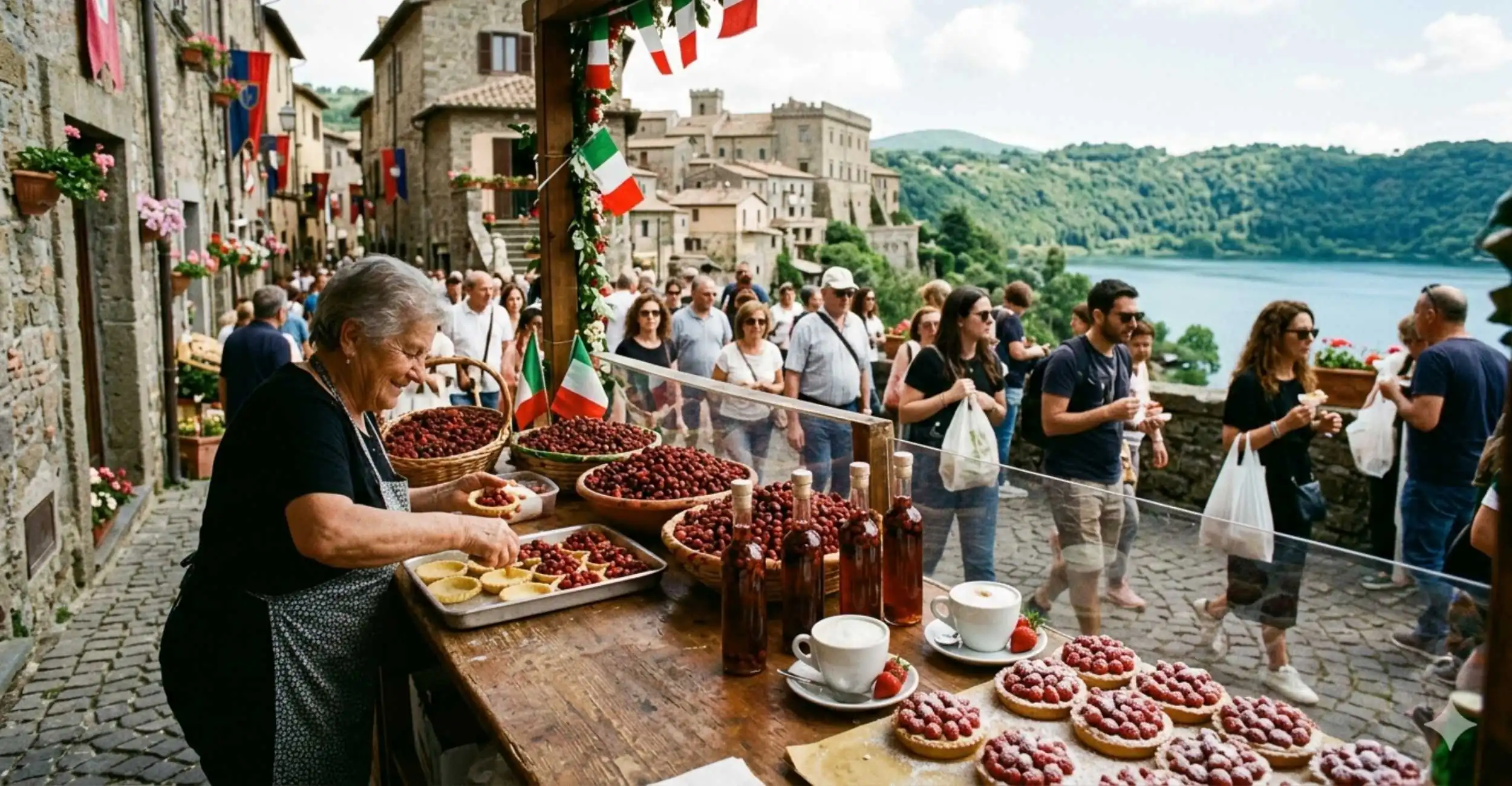 A freshly baked tortina di Nemi, a shortcrust tart filled with custard and topped with wild strawberries