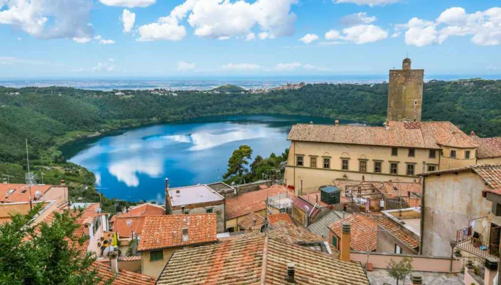 The spectacular view from the Belvedere di Nemi, looking down at the circular lake and the surrounding forest