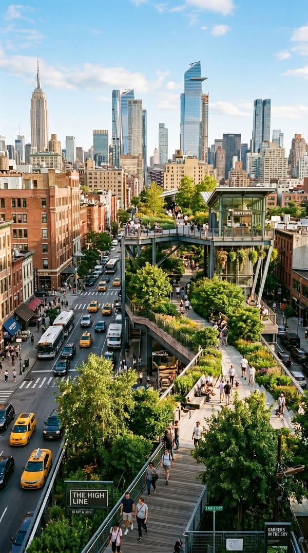 The High Line elevated park at sunset with wild grasses, railway tracks and the Hudson River visible in the distance.