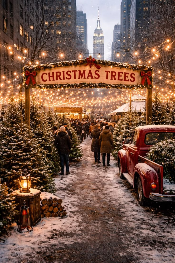Fifth Avenue in New York at Christmas, with the magnificent windows of the great department stores illuminating the street in a spectacle of colour, light and festive artistry
