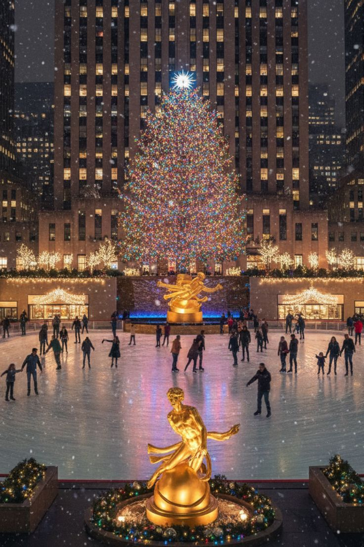 The iconic Rockefeller Center Christmas tree rising above the ice rink in the sunken plaza, with the surrounding skyscrapers of Midtown Manhattan illuminated in the December night sky