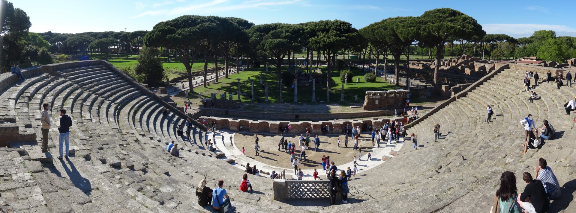 The ruins of Ostia Antica stretching through the pine forest — the ancient commercial heart of the Roman Empire