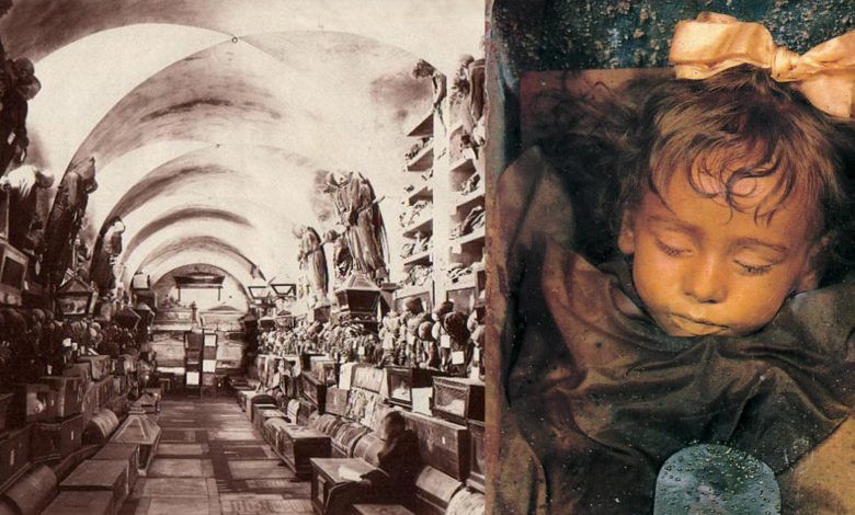 Rosalia Lombardo lying in her glass coffin, her face perfectly preserved as if she is only sleeping