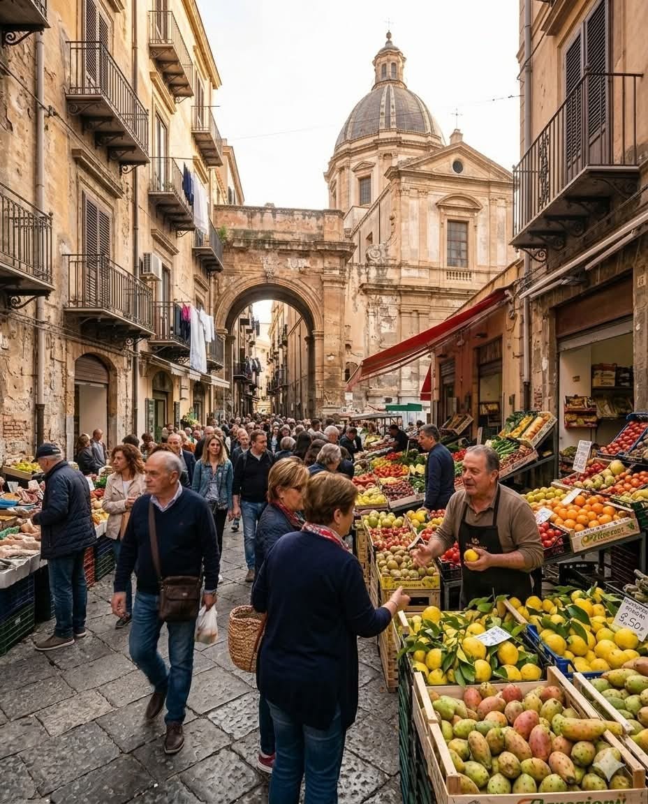 The vibrant and chaotic Ballarò market in Palermo, the oldest street market in the city