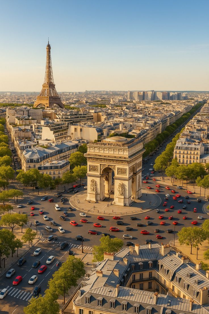 The Eiffel Tower at golden hour rising above the Seine, the defining silhouette of the City of Light
