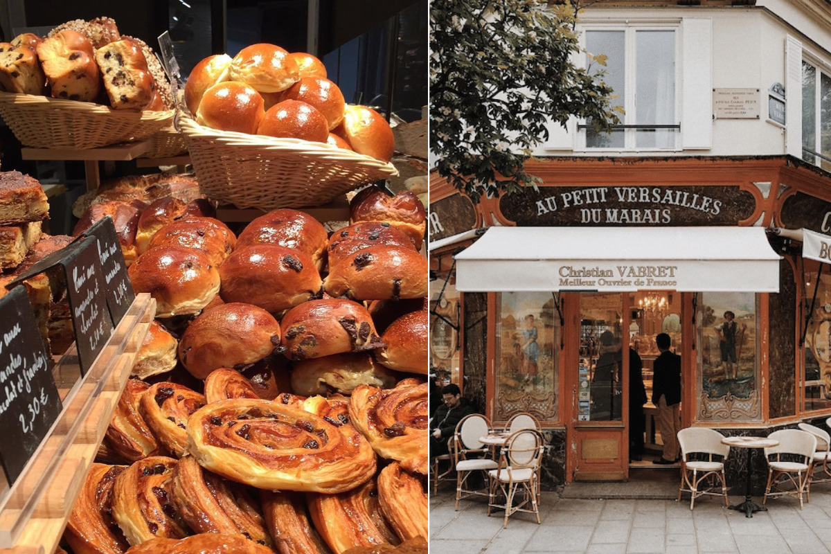 A traditional Parisian boulangerie window displaying golden croissants and pain au chocolat, with a baker in the background.