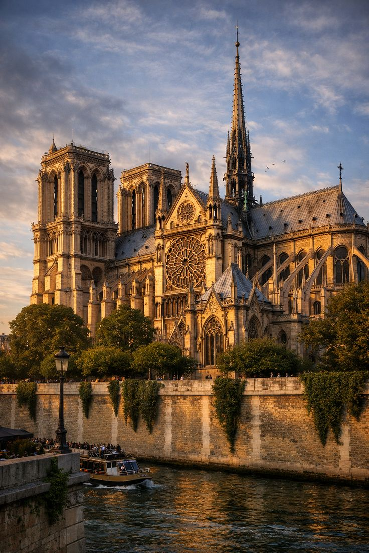 The magnificent rose window of Notre-Dame Cathedral, illuminated from within, with intricate stone tracery and jewel-coloured glass.