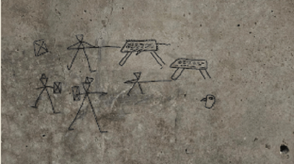 The charcoal drawings of gladiators made by children on the walls of the Insula dei Casti Amanti at Pompeii, discovered in 2024