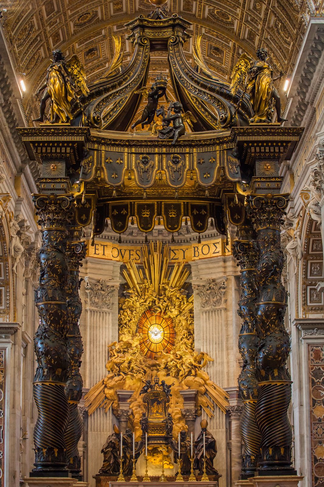 The nave of Saint Peter's Basilica in Rome, looking toward Bernini's great bronze baldacchino and the apse beyond