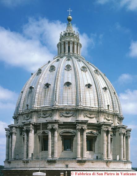 The panoramic view of Rome from the lantern of Saint Peter's dome, 136 metres above the piazza, with Bernini's colonnade below
