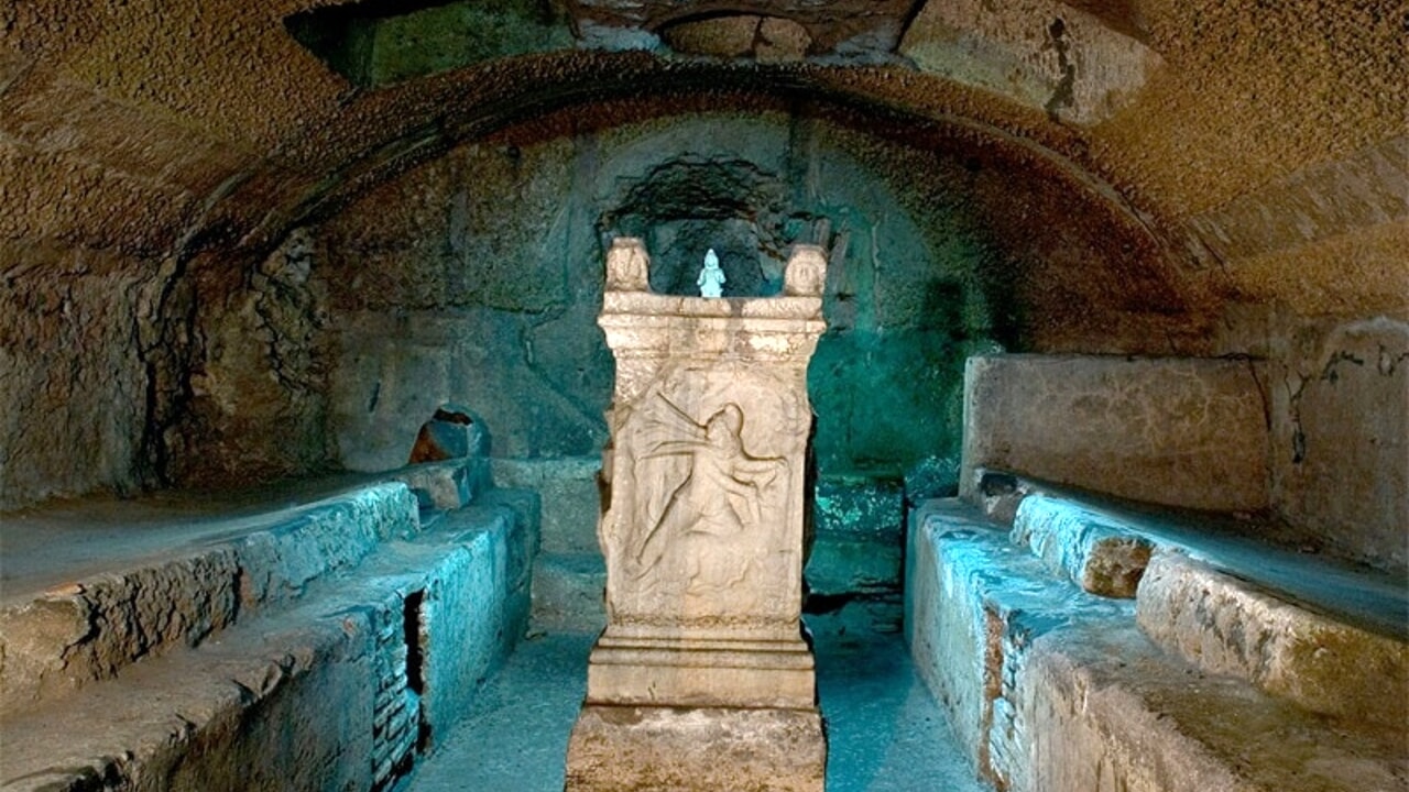 The underground levels of the Basilica of San Clemente in Rome, descending from the medieval church to the first-century Roman buildings and the Mithraic sanctuary below