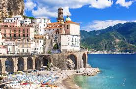 The Amalfi Coast seen from the Sorrentine Peninsula, with the dramatic cliffs and turquoise sea