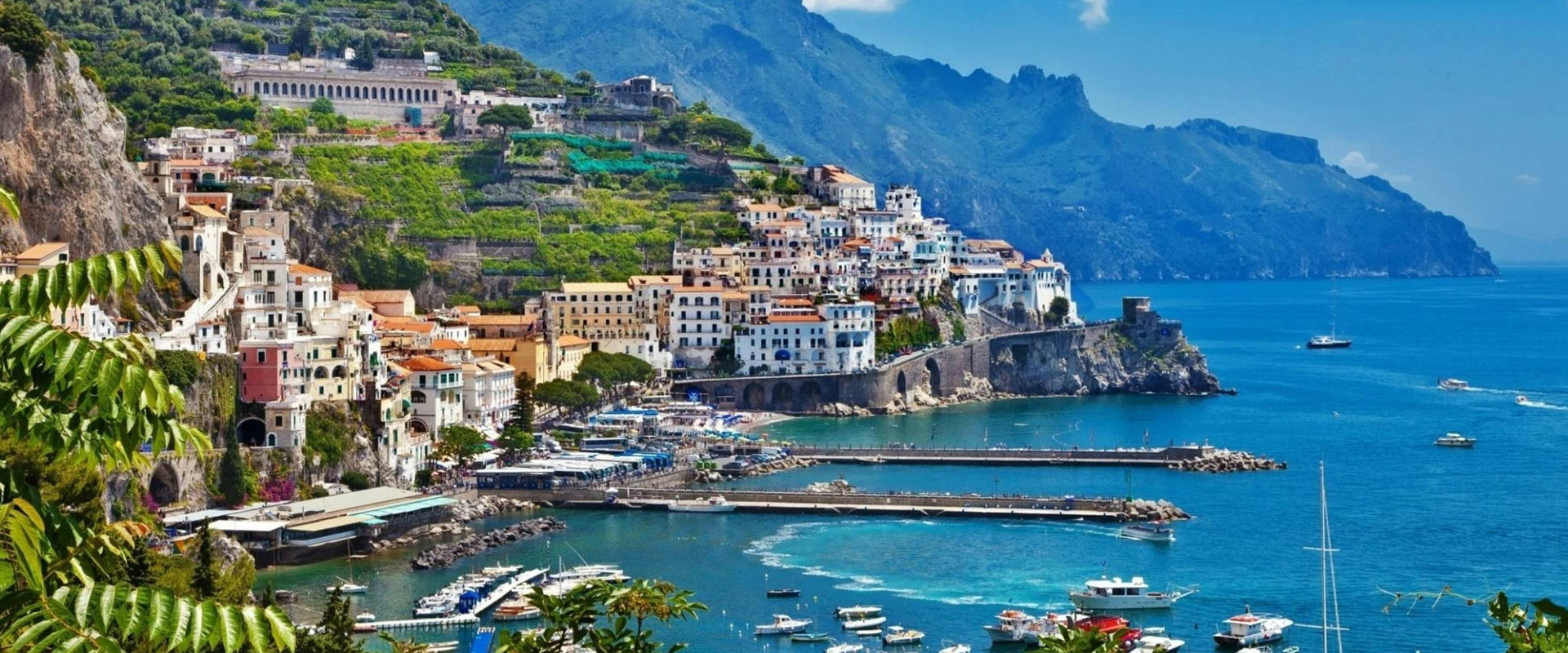 Sorrento perched on the cliffs above the Bay of Naples, with Vesuvius in the background