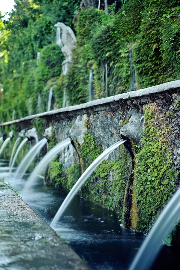 The Viale delle Cento Fontane at Villa d'Este in Tivoli, one hundred fountains in a continuous line along the central terrace