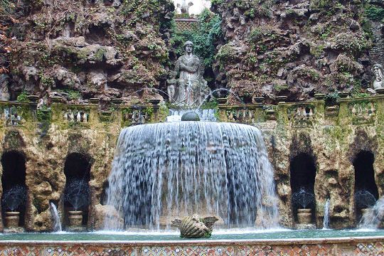 The Viale delle Cento Fontane at Villa d'Este in Tivoli, one hundred fountains in a line, the most celebrated garden walk in Italy
