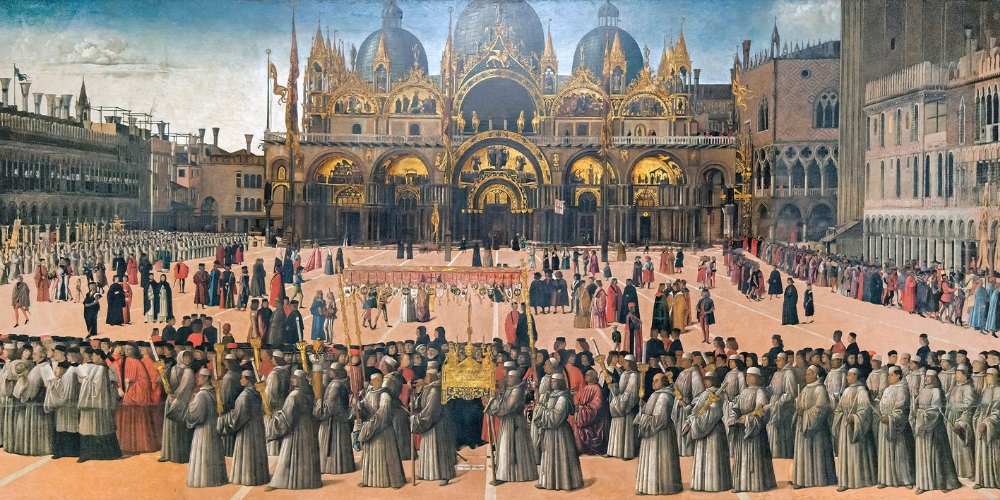 The Basilica di San Marco in Venice on the feast day of Saint Mark, the patron saint of the city, 25 April