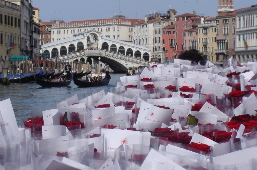 Piazza San Marco in Venice on the 25th of April, the feast of Saint Mark and the day of the Festa del Bocolo