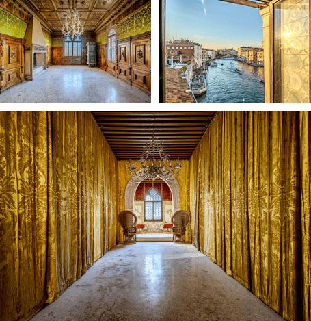 The magnificent polychrome marble facade of Ca' Dario rising directly from the waters of the Grand Canal in Venice