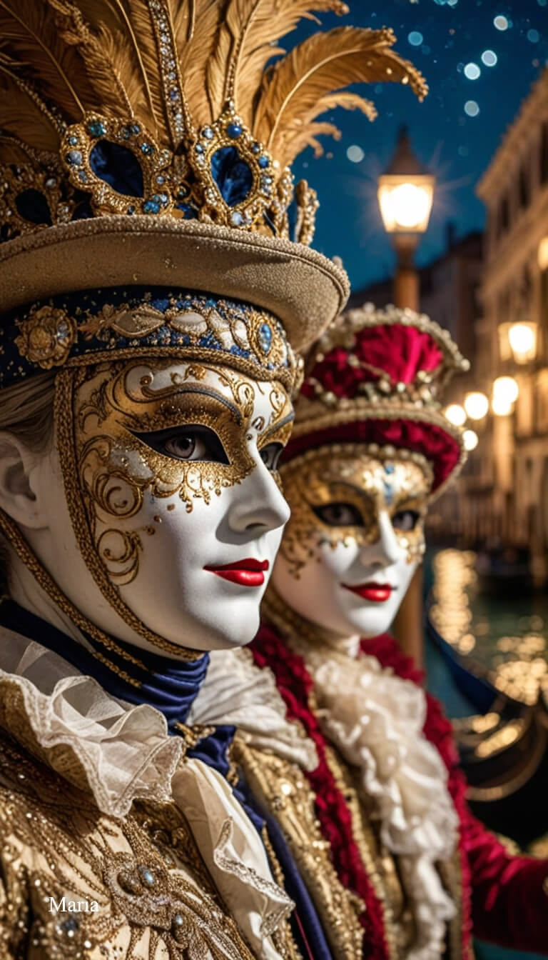 Decorated boats and masked figures on the Grand Canal in Venice during the Carnival Water Parade