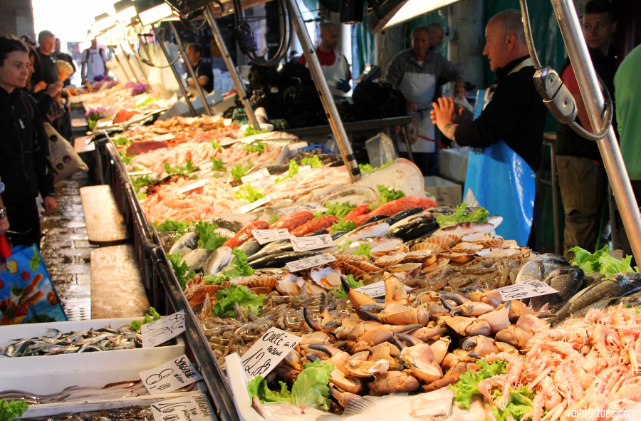 The Rialto fish market in Venice, the Pescheria, with its extraordinary display of lagoon and Adriatic seafood