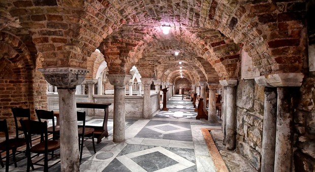 The ancient crypt beneath the Basilica di San Marco in Venice, where the body of the Evangelist rested for centuries