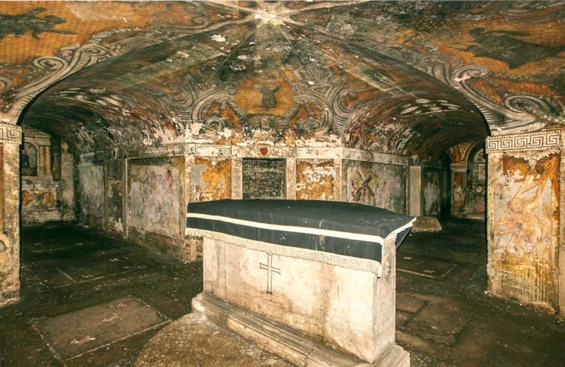 The permanently flooded crypt of San Zaccaria in Venice, tenth-century columns reflected in still water