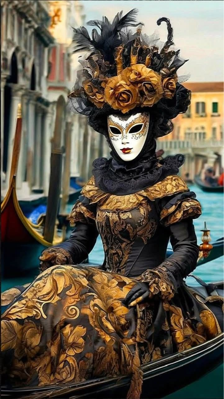 Decorated boats and masked figures on the Grand Canal in Venice during the Carnival Water Parade